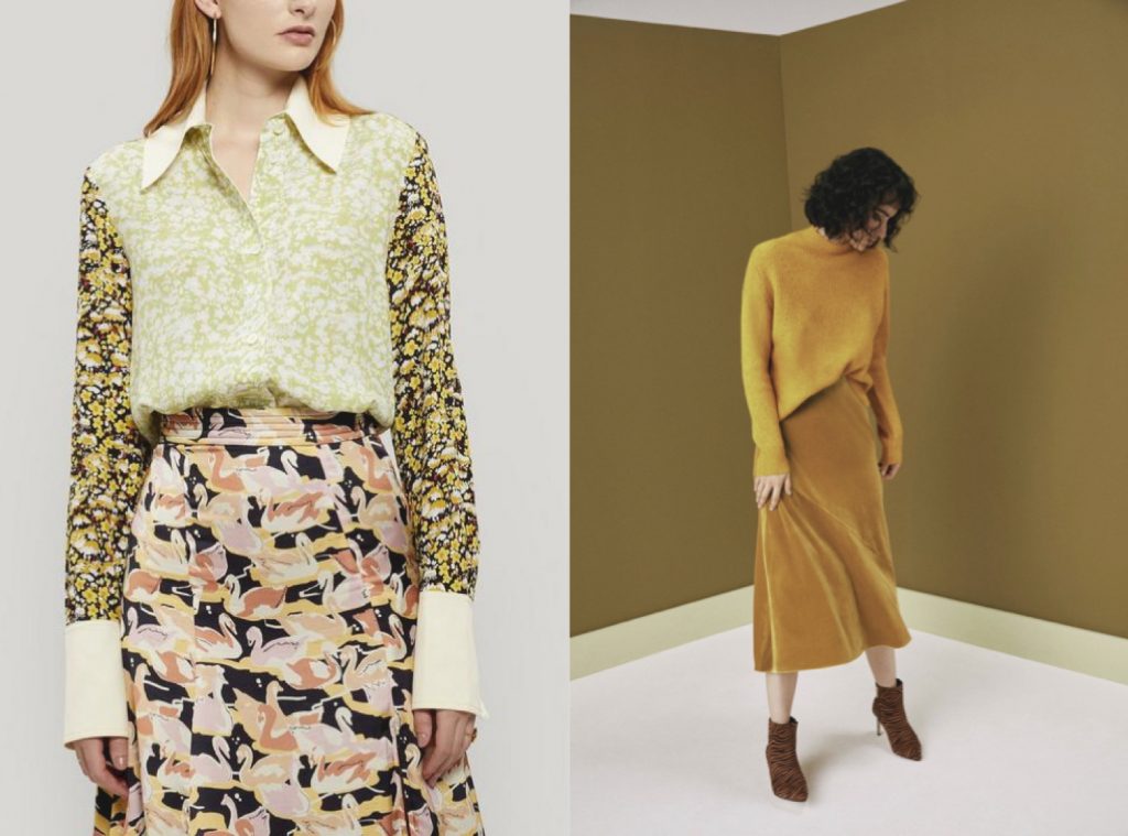 Yellow floral skirt and blouse mixed patterned look. Mustard tonal style
